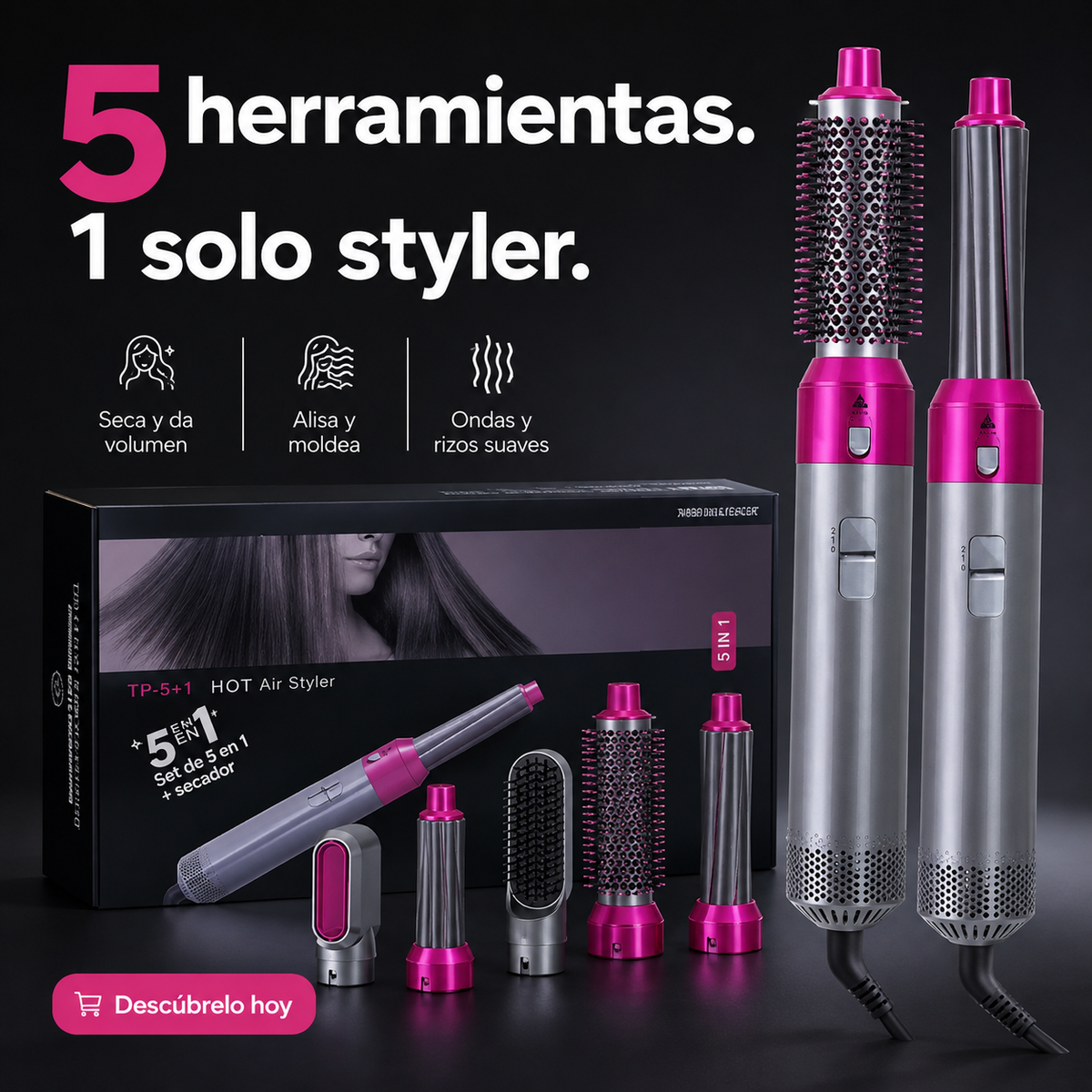 Cepillo Secador 5 En 1 Alisador De Pelo